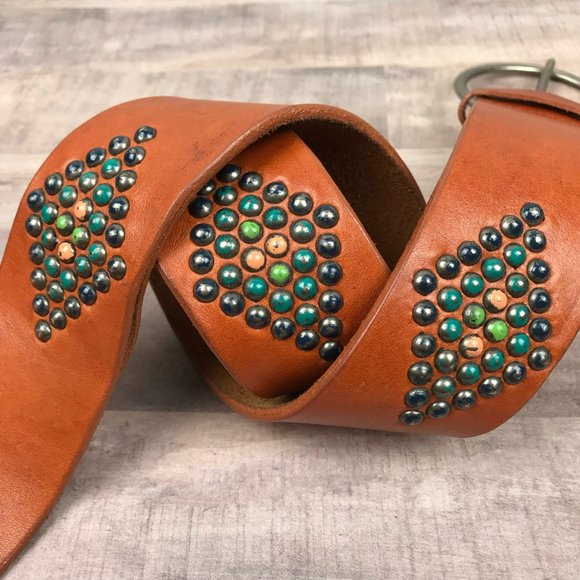 Genuine Leather Distressed Belt Metal Stud Detail Brown Boho Size Small - Picture 7 of 15